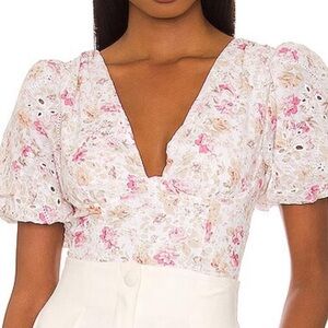 ASTER THE LABEL PINK FLORAL EYELET BLOUSE COTTAGE PUFF SLEEVE MEDIUM